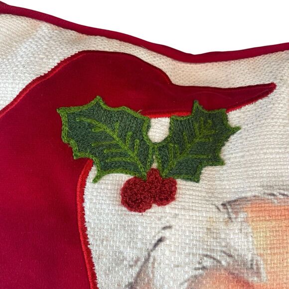 Santa Claus Feather Decorative Throw Pillow 20"x20" Red Velvet Embroidered Holly - Picture 3 of 11